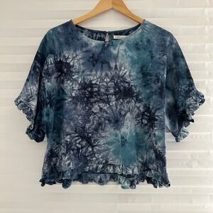 C&C California Womens XL Blue Tie Dye Linen Blend Ruffle Hem Blouse Top